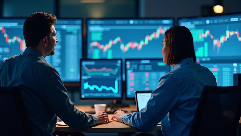 Professional traders analyzing financial charts on computer displays with market data visible